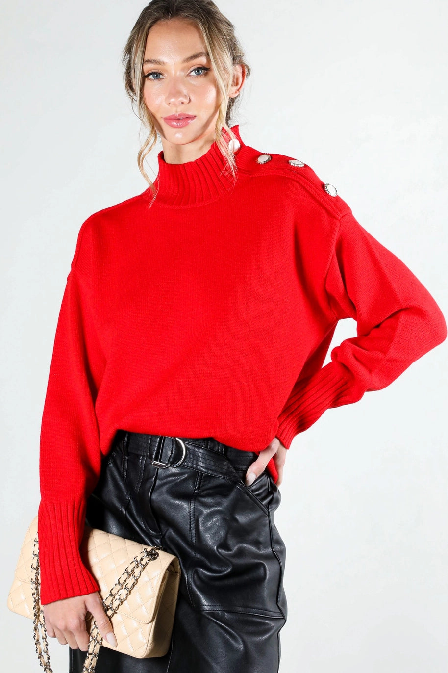 SHOULDER BUTTON DETAIL SWEATER-RED