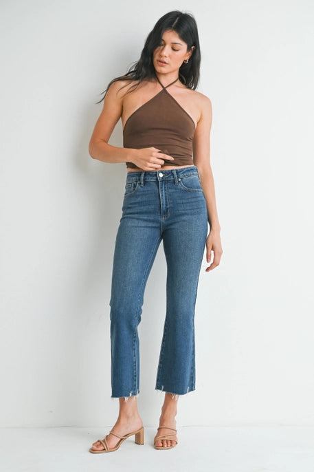 PIPER HIGH RISE CROP FLARE W/ DISTRESSED HEM-DARK DENIM