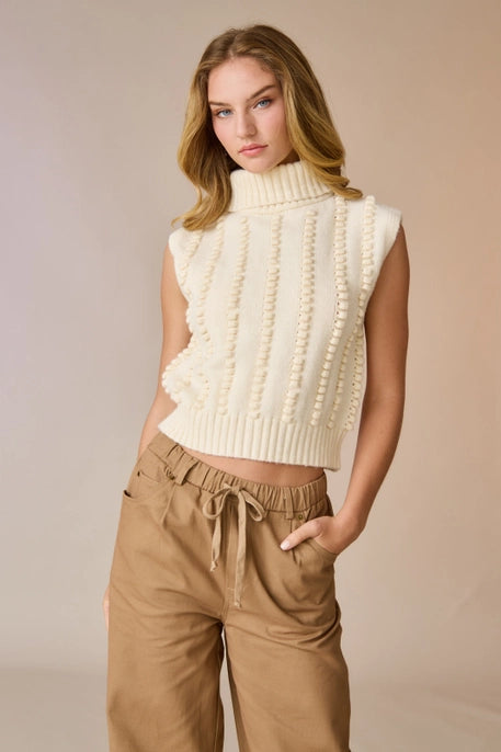 WILLOW TURTLE NECK TEXTURED KNIT VEST-CREAM