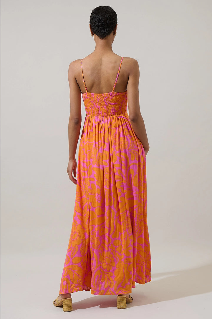 KACI FLORAL SMOCKED MAXI DRESS-FUCHSIA/ORANGE