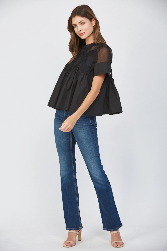 MESH AND APPLIQUÉ BLOUSE-BLACK