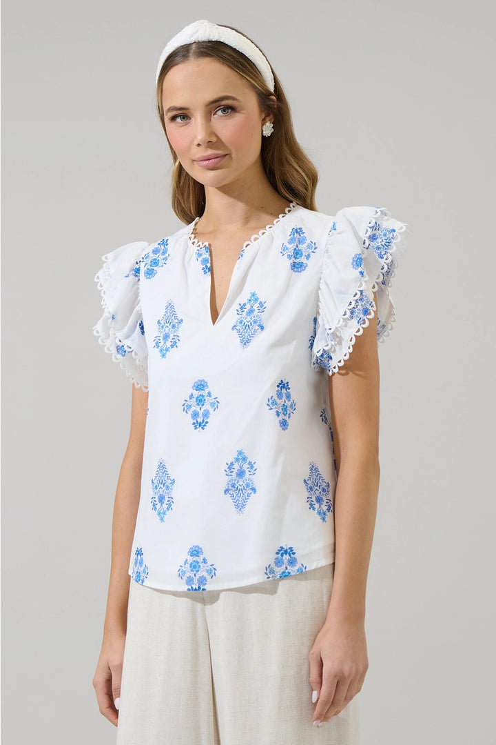 YILA FLORAL EMA RUFFLE TOP-WHITE/BLUE