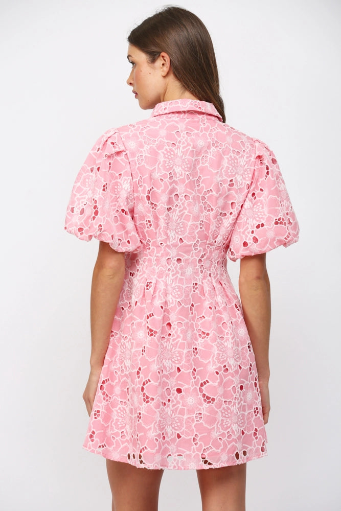 CUT OUT FLORAL LACE BUTTON DOWN MINI DRESS-PINK