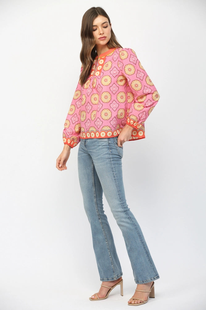 TILE PRINT LONG SLEEVE BLOUSE-PINK/MULTI