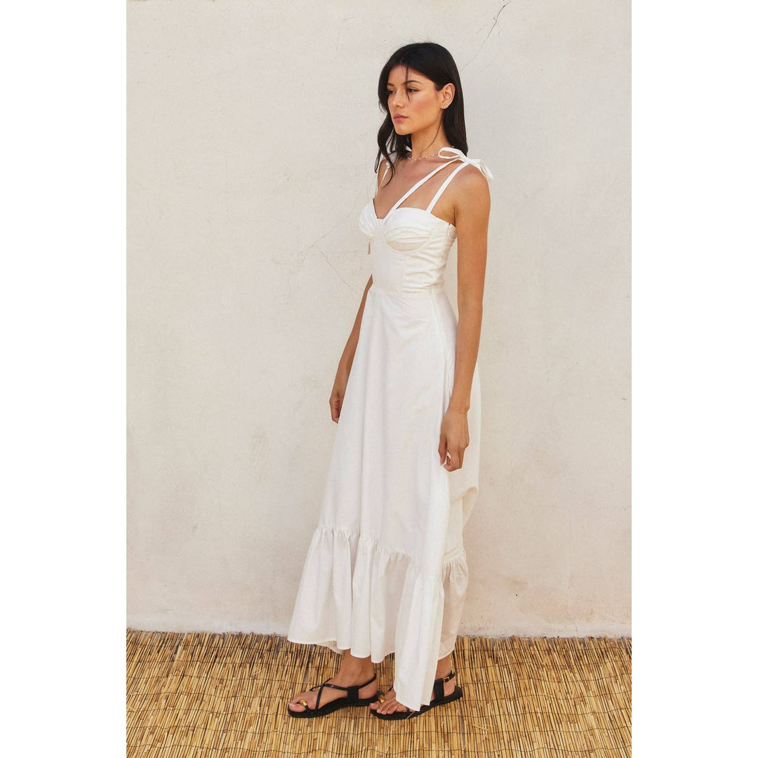 COTTON POPLIN RUCHED MAXI DRESS-WHITE