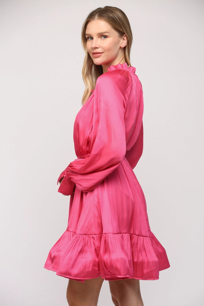 VOLUMINOUS RUFFLE HEM MINI DRESS-HOT PINK