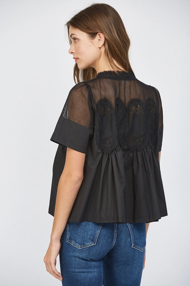 MESH AND APPLIQUÉ BLOUSE-BLACK