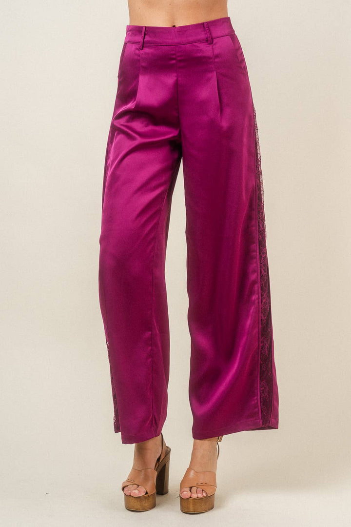 SATIN DRESSY PLEATED LACE CONTRAST TROUSERS-Plum