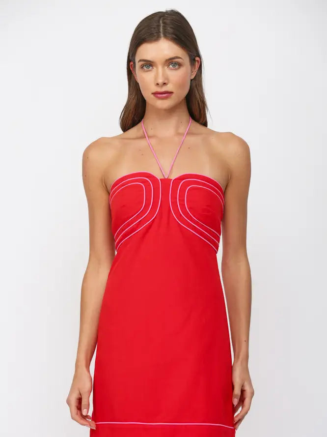 CONTRAST PIPING HALTER NECK MINI DRESS-RED