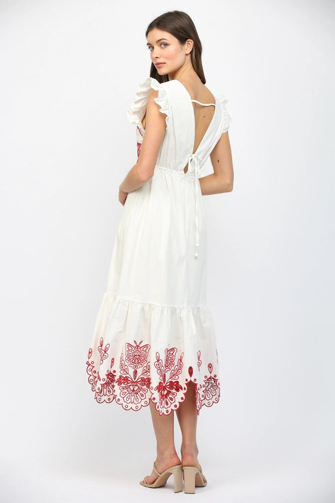 CUT OUT EMBROIDERED DETAIL MAXI DRESS- OFF WHITE