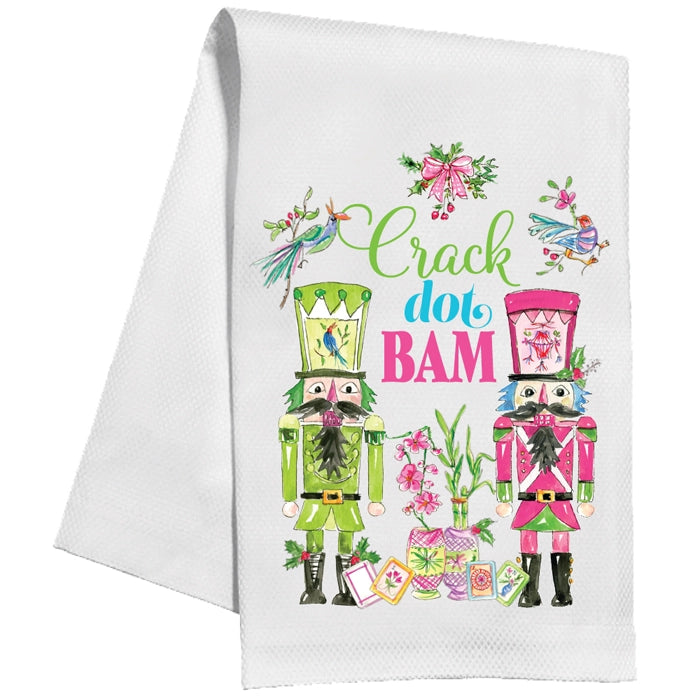White towel with colorful nutcracker design and text 'Crack doo BAM' 
