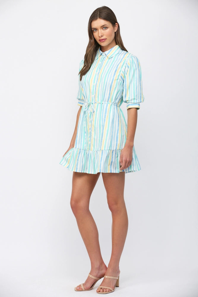 VERTICAL STRIPE SHIRT DRESS-WHITE/BLUE/YELLOW