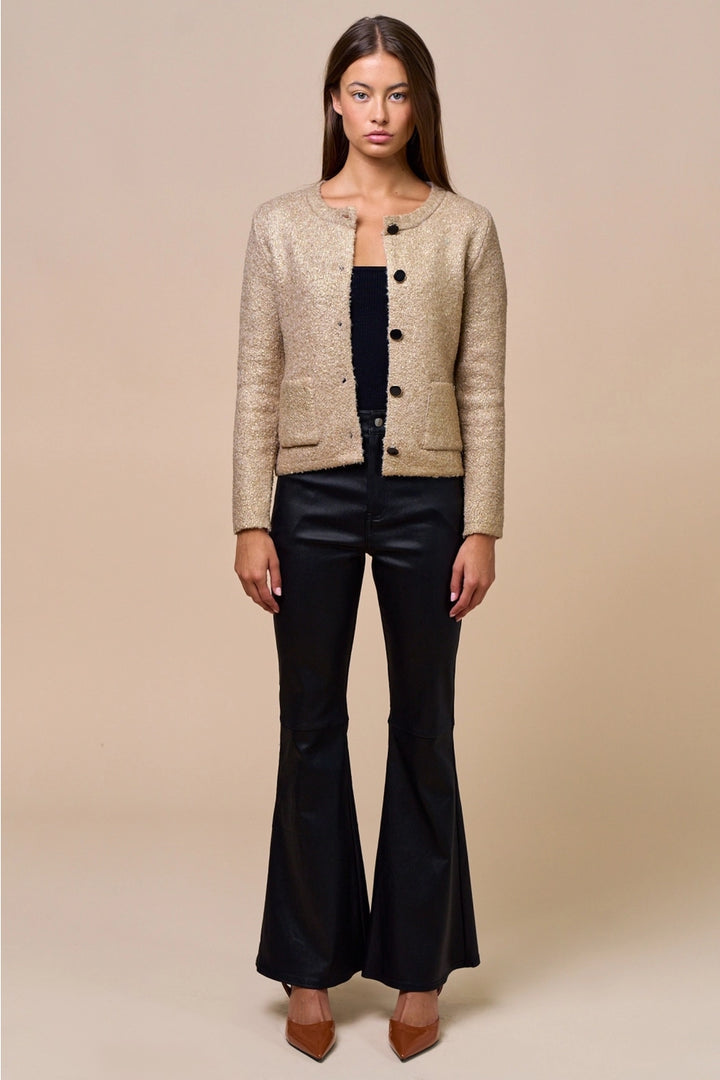 METALLIC KNIT BUTTON DOWN CARDIGAN-GOLD