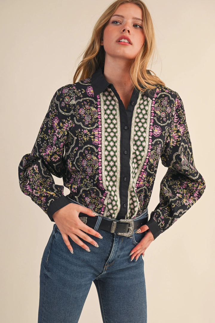 FLORAL BUTTON DOWN TOP-BLACK/MULTI