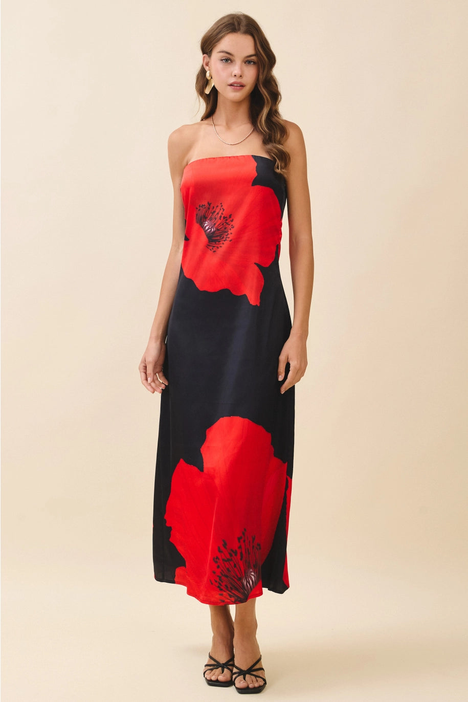 black strapless maxi dress with red floral detail 