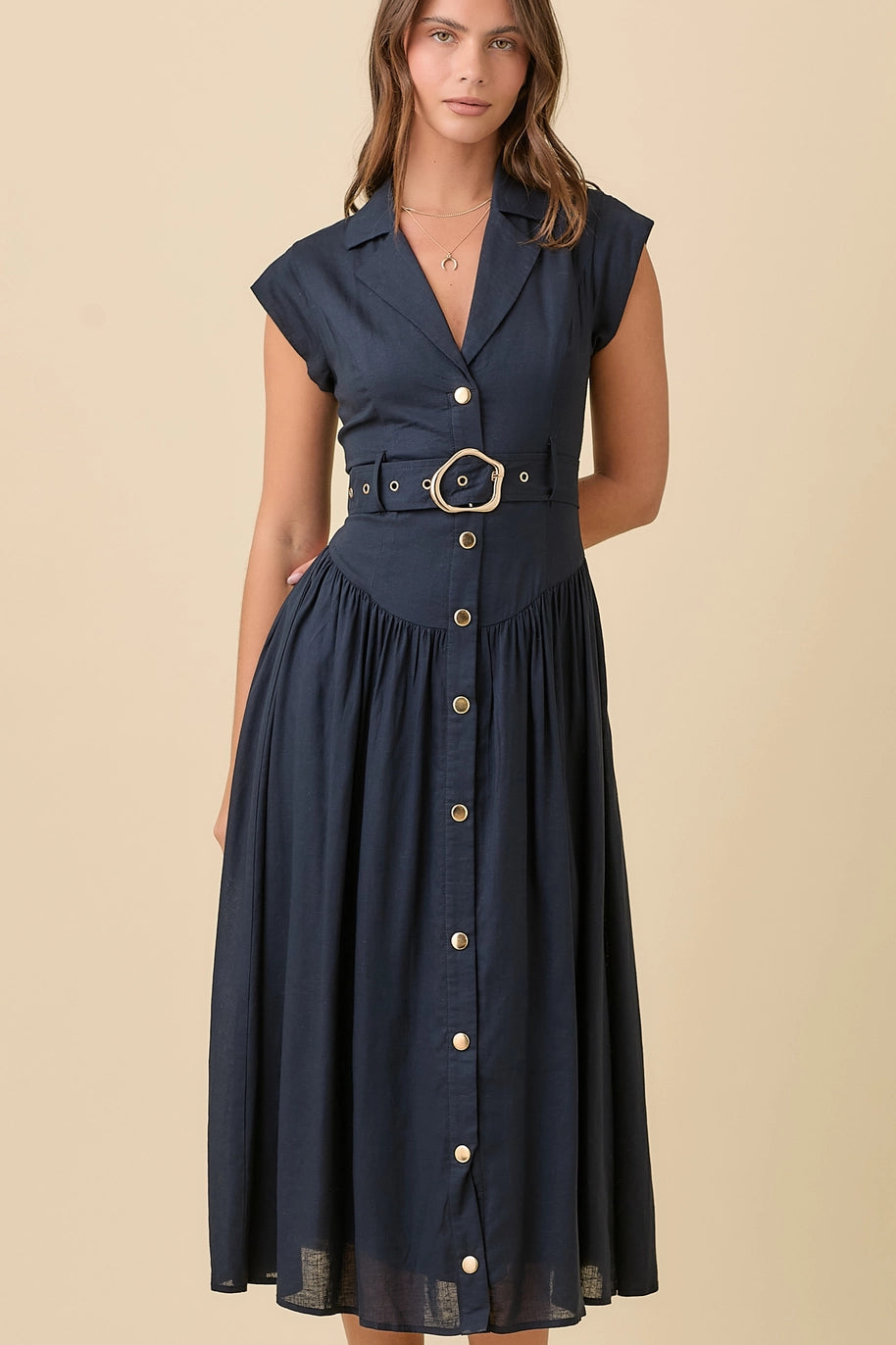 LAPEL COLLAR LOW WAIST DRESS-DARK NAVY