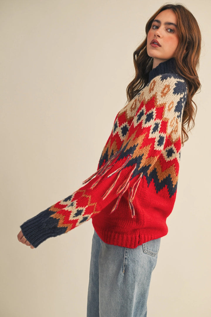 FAIR ISLE FRINGE SLEEVE SWEATER-RED/NAVY