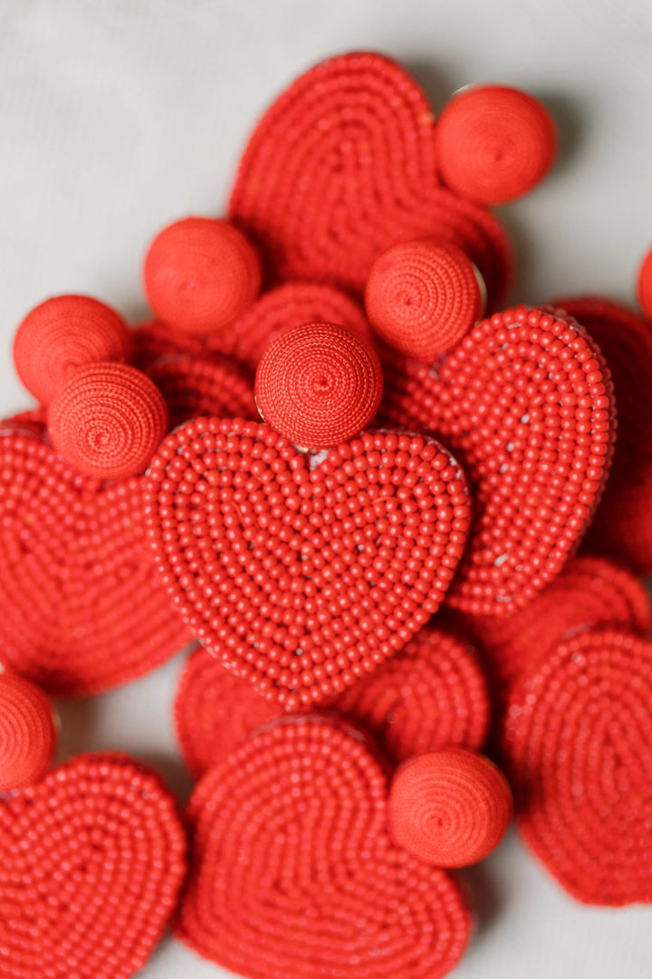 VALENTINES DAY HOLIDAY BEADED HEART EARRINGS-RED