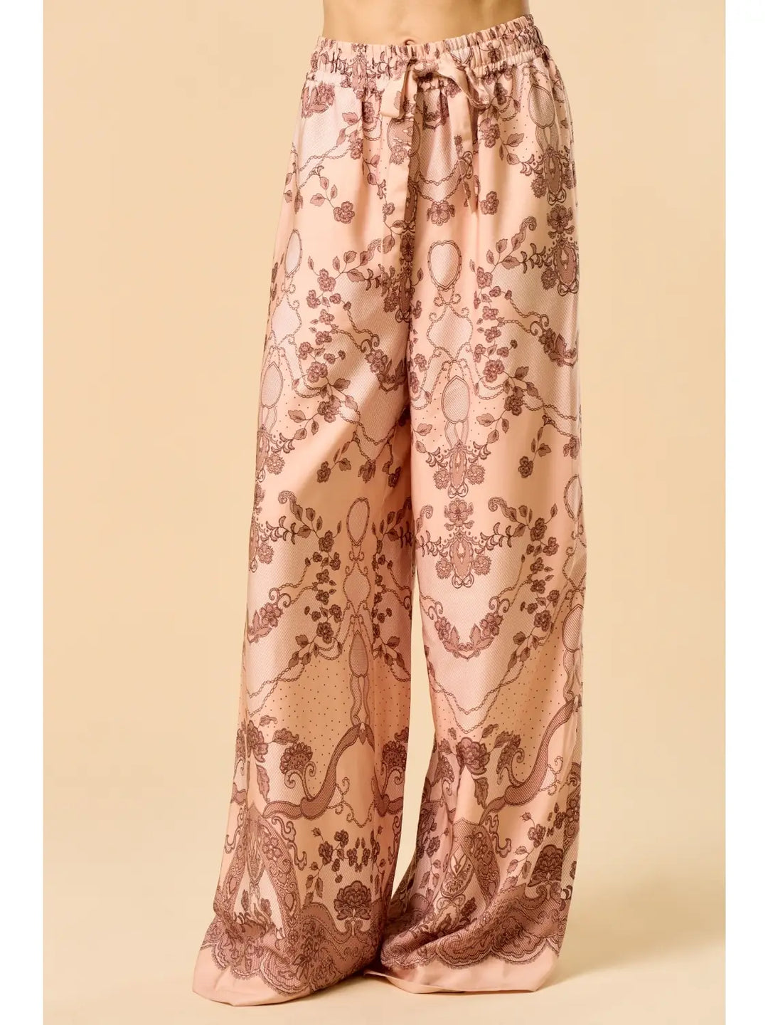 PRINTED WIDE LEG PANT-PEACH/BROWN