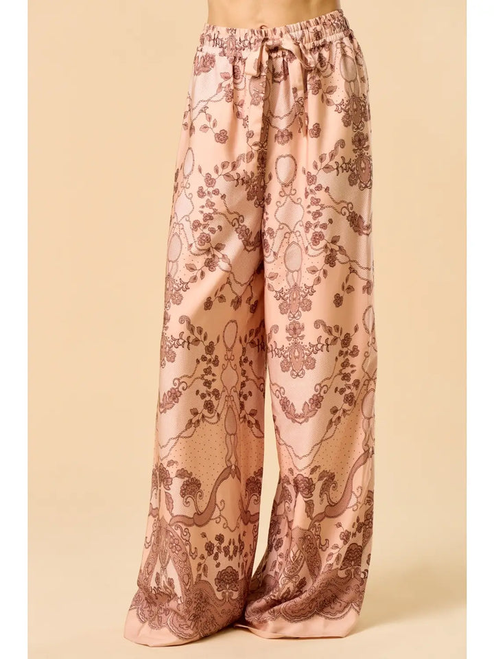 PRINTED WIDE LEG PANT-PEACH/BROWN