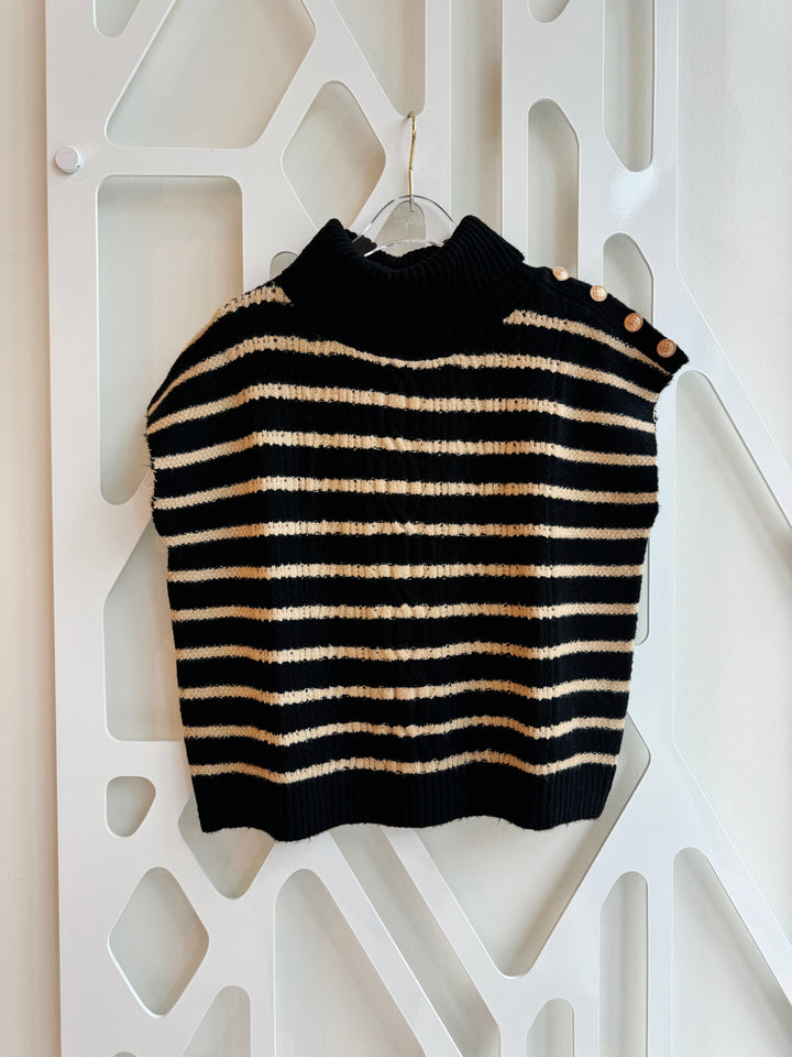 TURTLENECK STRIPE VEST-BLACK/CREAM