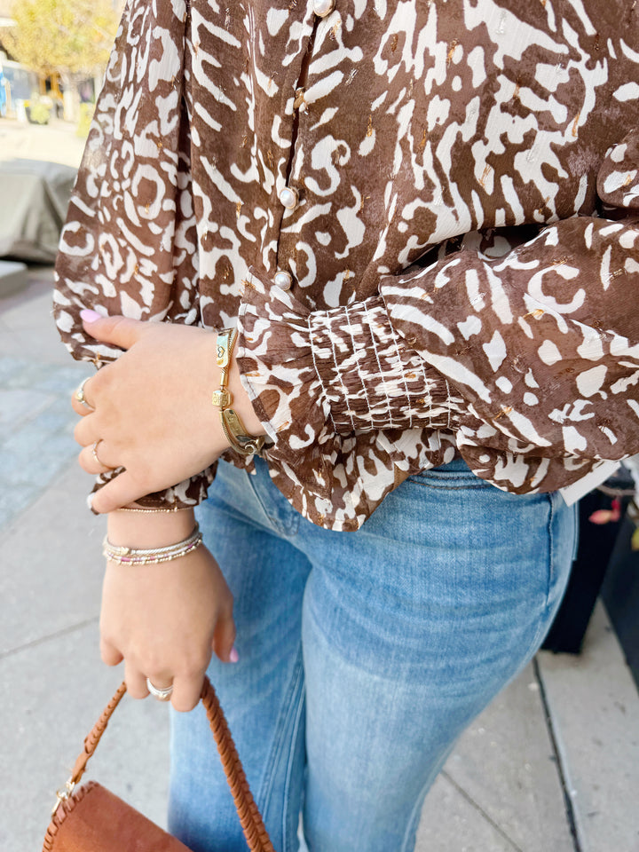 ANIMAL PRINT LUREX BLOUSE-BROWN