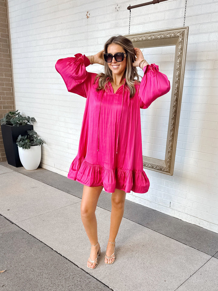 VOLUMINOUS RUFFLE HEM MINI DRESS-HOT PINK