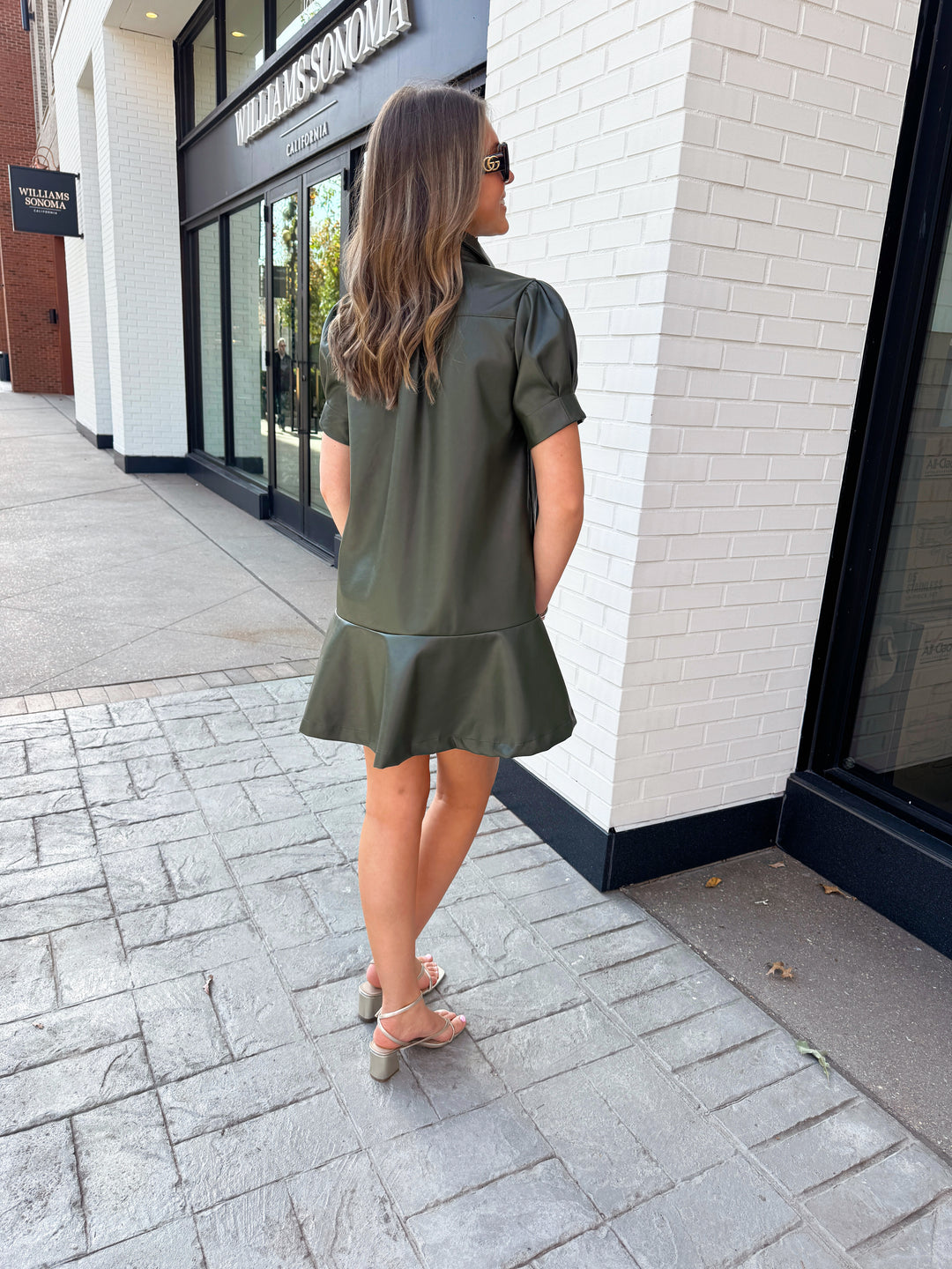 PUFF SLEEVE FAUX LEATHER MINI DRESS-OLIVE