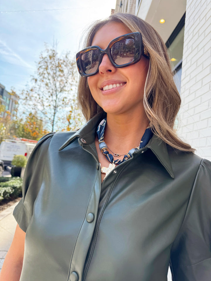 PUFF SLEEVE FAUX LEATHER MINI DRESS-OLIVE