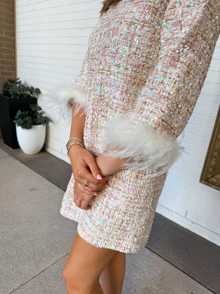 FEATHER TRIM EMBELLISHMENT MINI DRESS-CREAM/MULTI