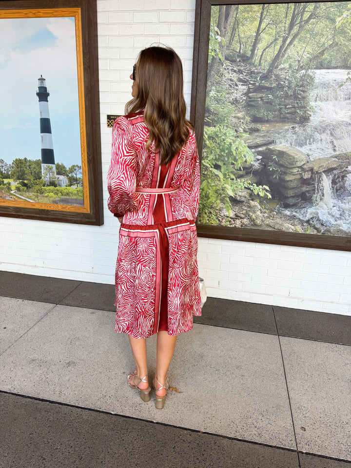 ANIMAL PRINT TIE WAIST SATIN SHIRT DRESS-IVORY/MULTI