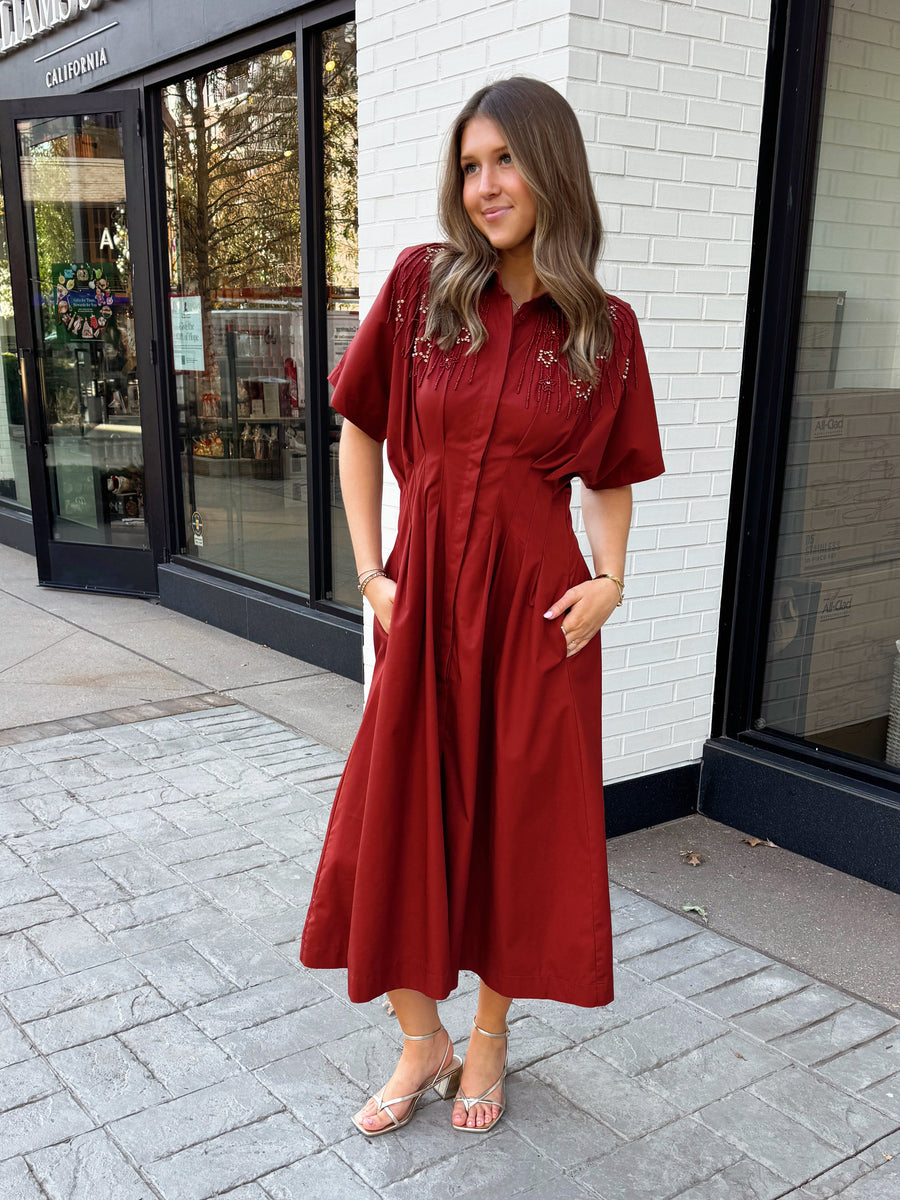 Red midi dress with beaded stars on top