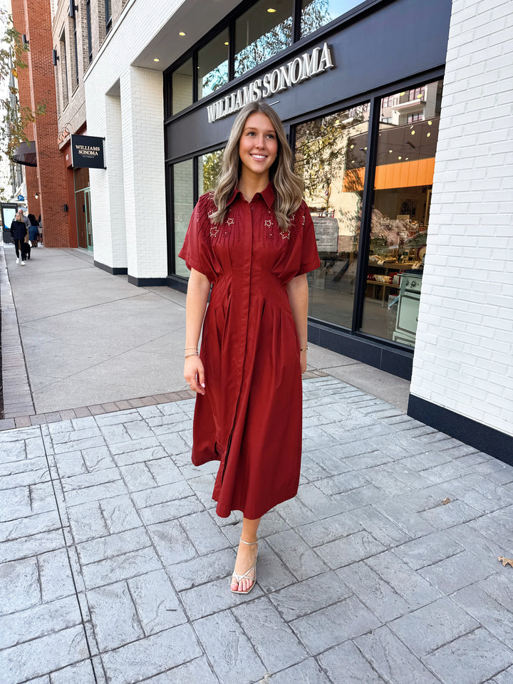 RHINESTONE EMBELLISHED SHIRT MIDI DRESS-TERRACOTTA