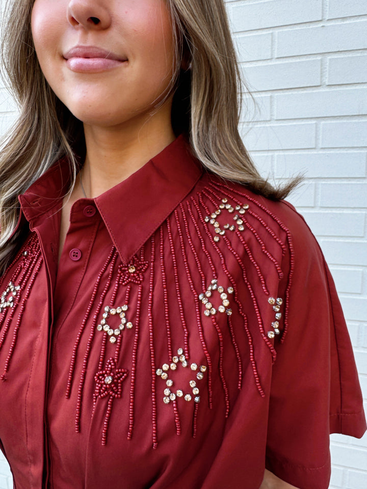 RHINESTONE EMBELLISHED SHIRT MIDI DRESS-TERRACOTTA