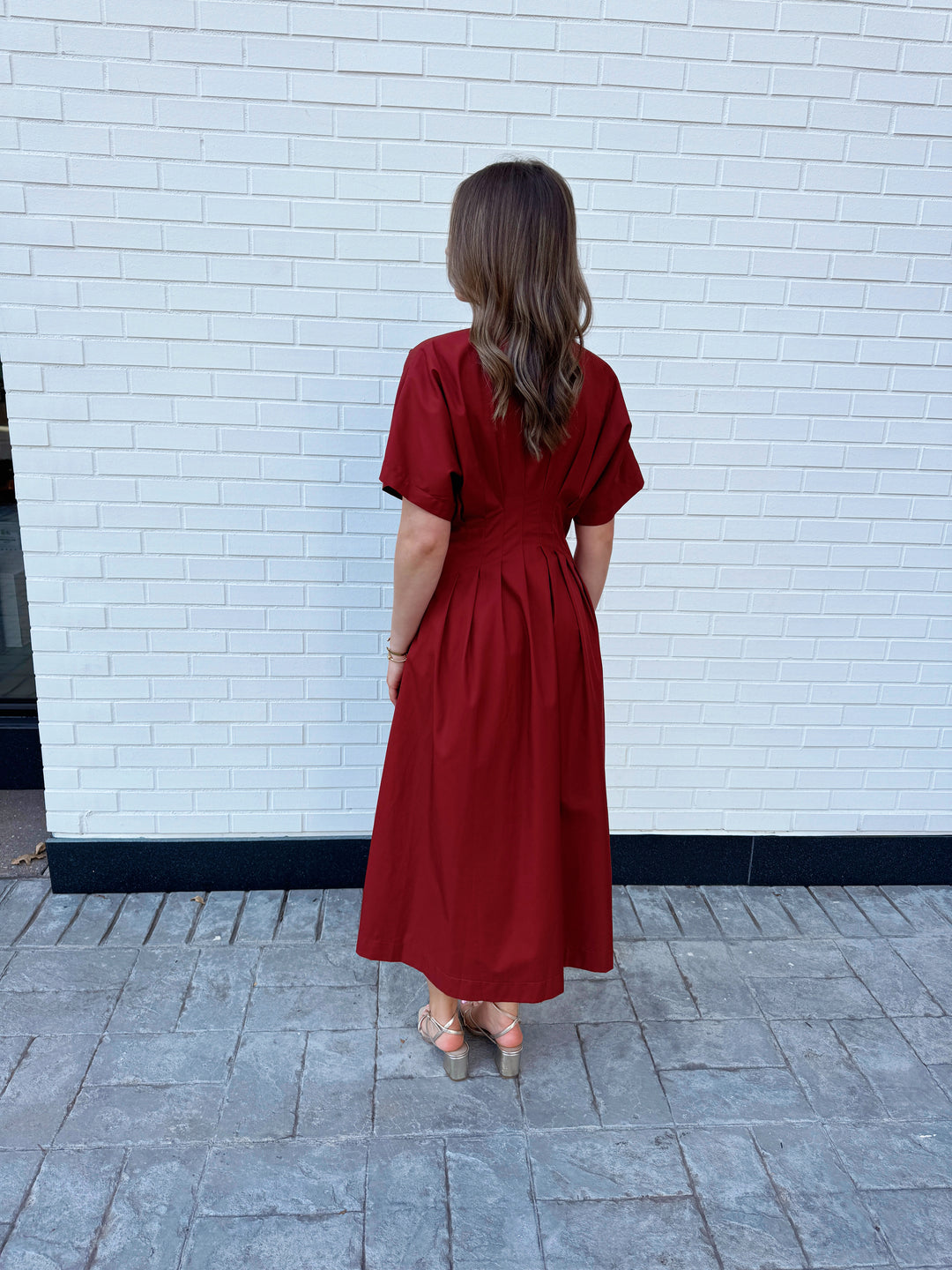 RHINESTONE EMBELLISHED SHIRT MIDI DRESS-TERRACOTTA