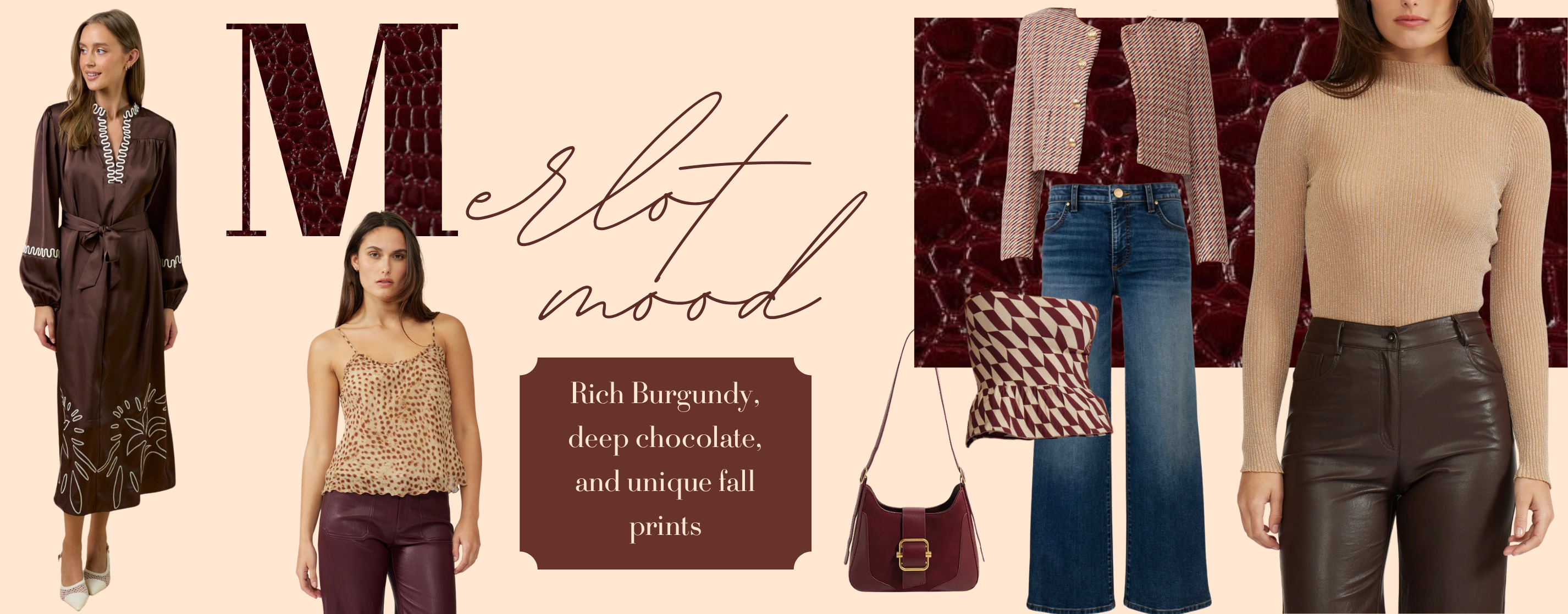 collage of clothing that is burgundy, chocolate and have unique prints 