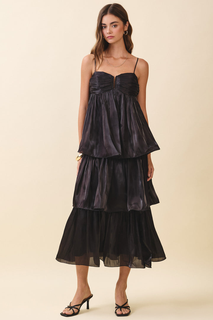 SATIN TIERED MAXI DRESS-BLACK