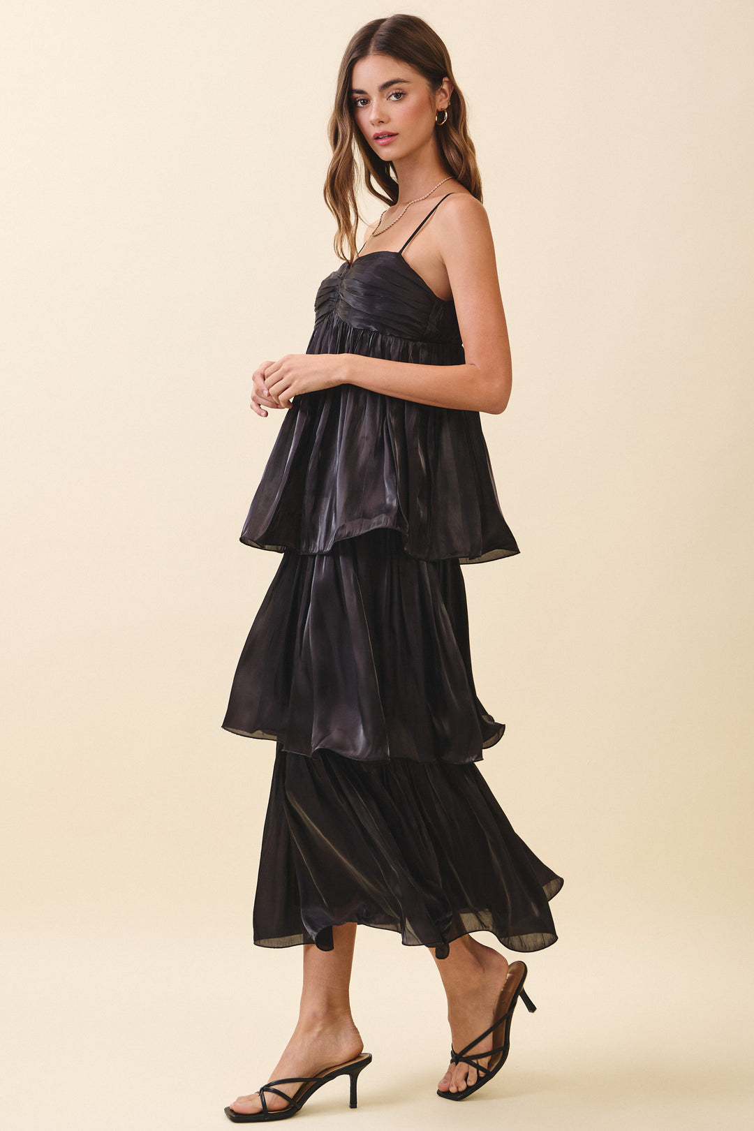 SATIN TIERED MAXI DRESS-BLACK