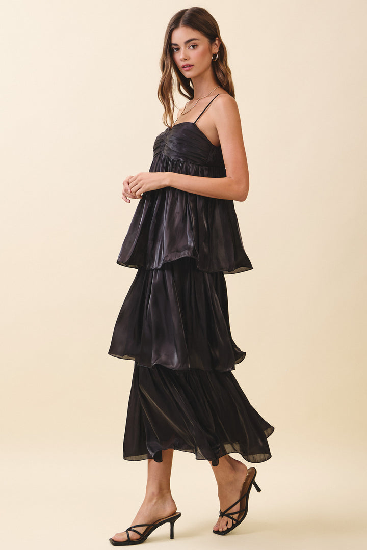 SATIN TIERED MAXI DRESS-BLACK