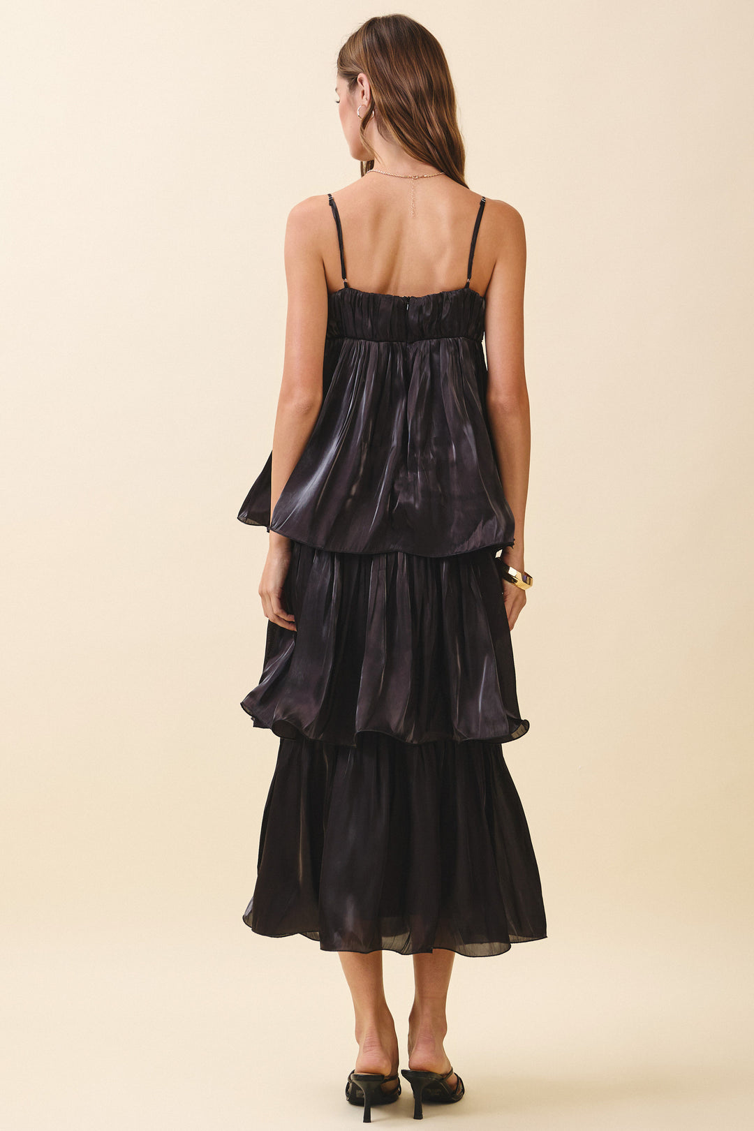 SATIN TIERED MAXI DRESS-BLACK