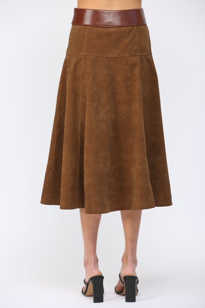 HIGH WAISTED FAUX SUEDE MIDI SKIRT-BROWN