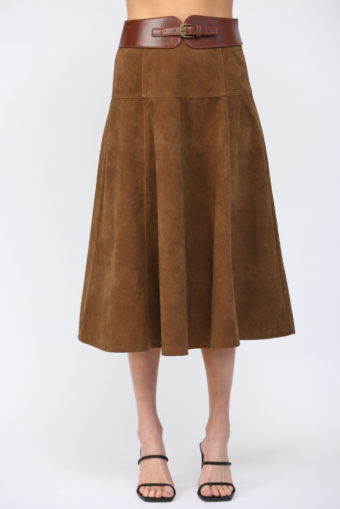 HIGH WAISTED FAUX SUEDE MIDI SKIRT-BROWN