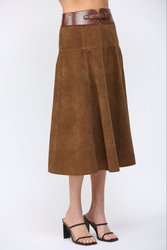 HIGH WAISTED FAUX SUEDE MIDI SKIRT-BROWN