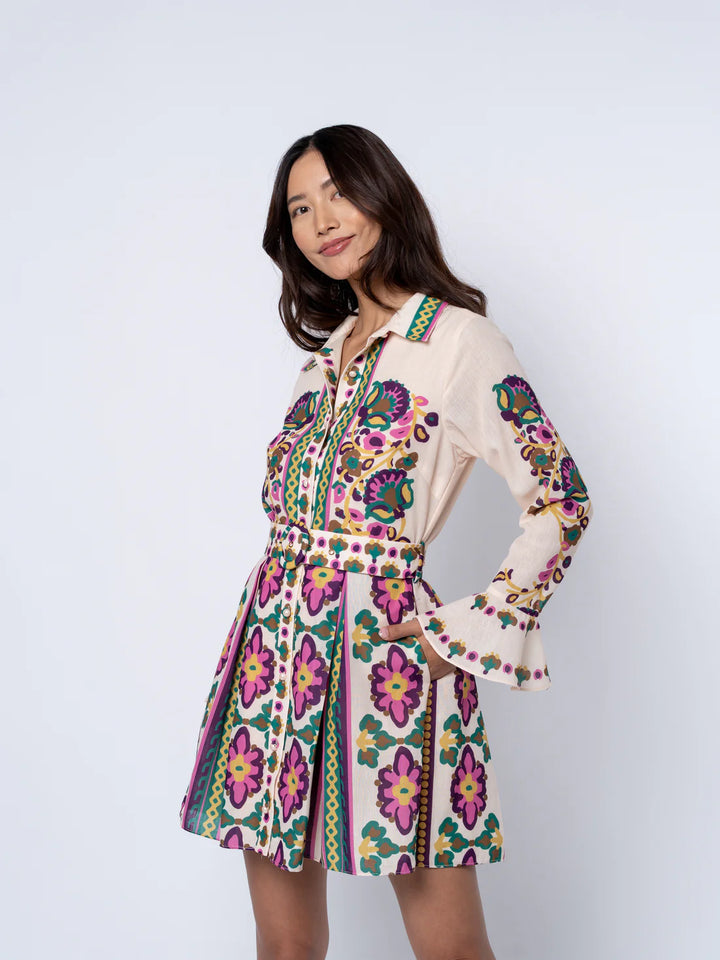 MARIS MIXED MEDIA PRINT LONG SLEEVE SHIRT DRESS-CREAM