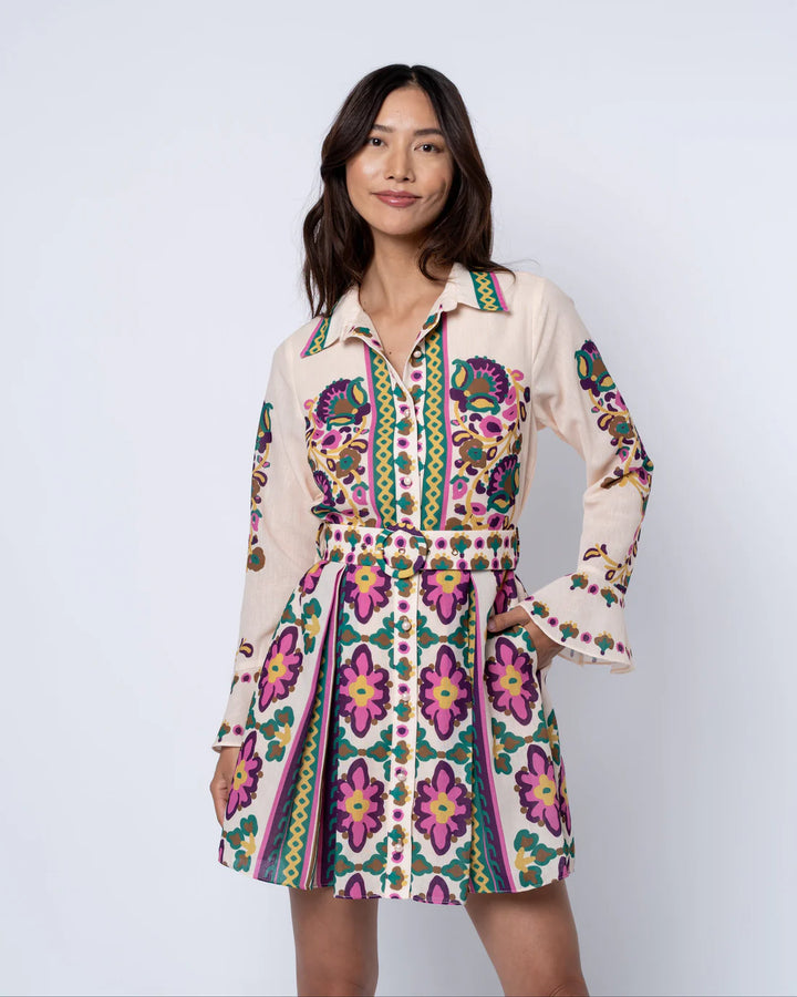 MARIS MIXED MEDIA PRINT LONG SLEEVE SHIRT DRESS-CREAM