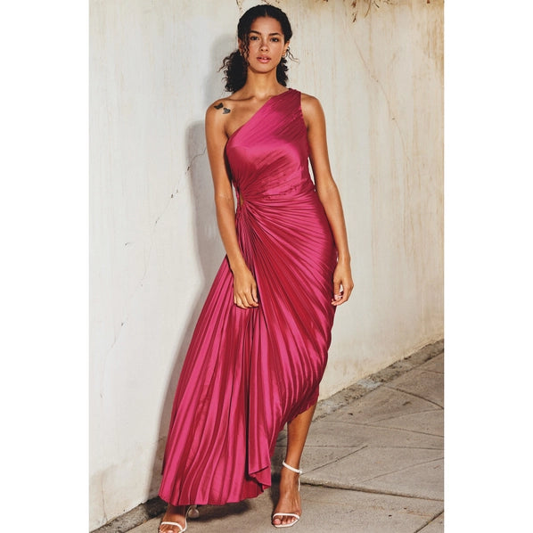 ONE SHOULDER PLEATED MAXI DRESS-VIVA MAGENTA