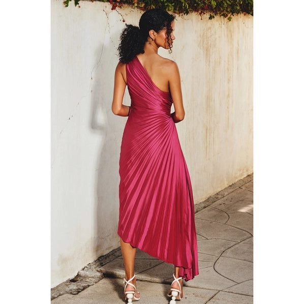 ONE SHOULDER PLEATED MAXI DRESS-VIVA MAGENTA