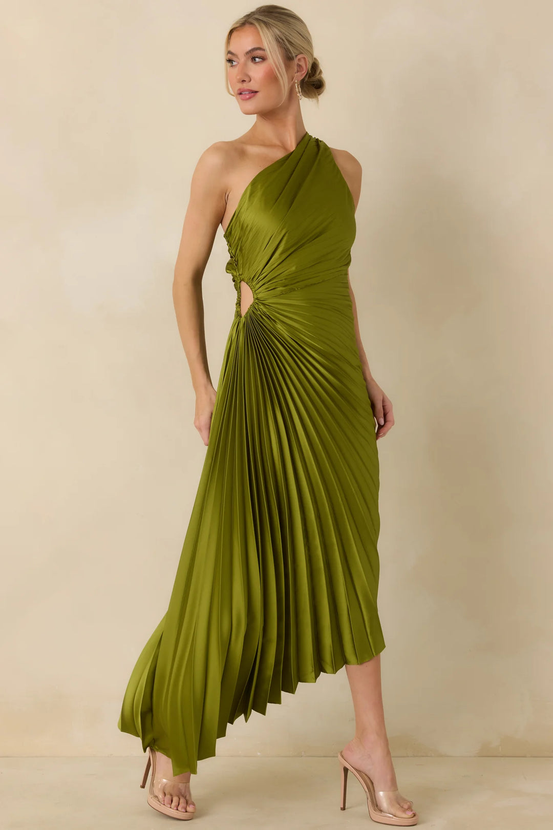 ONE SHOULDER PLEATED MAXI DRESS-OLIVE GREEN