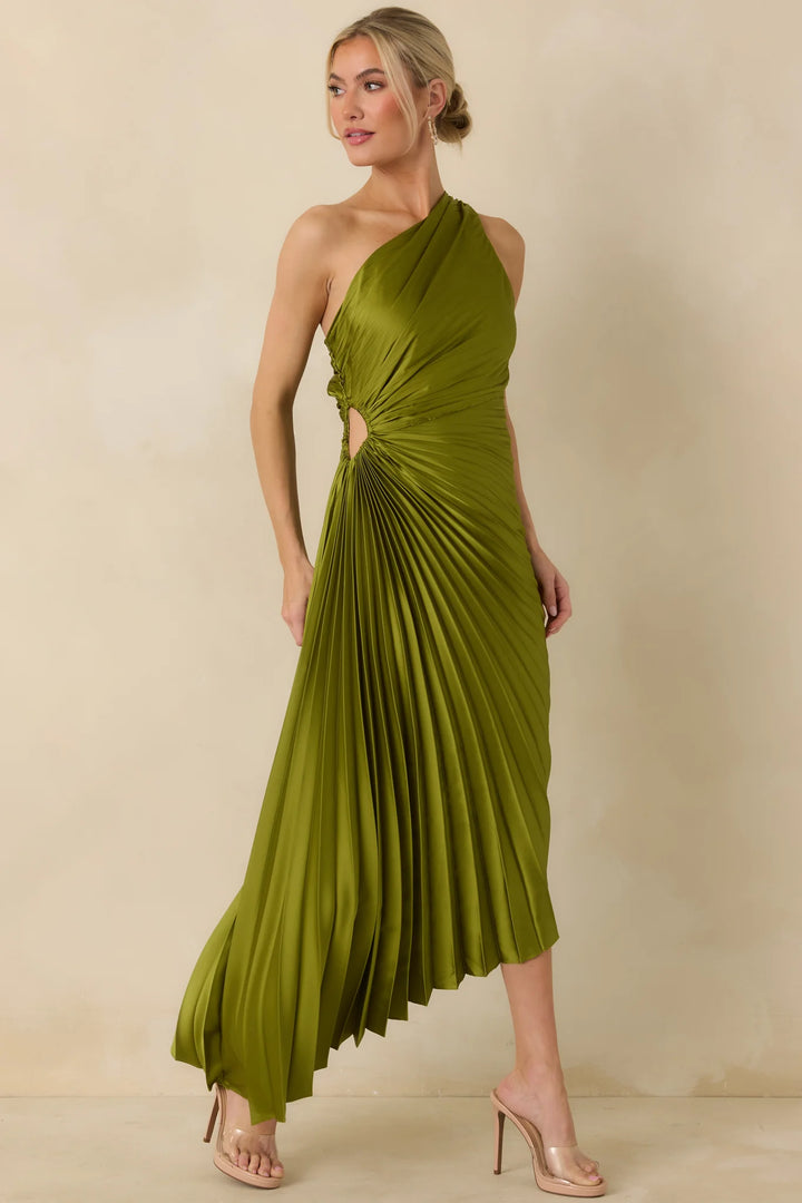 ONE SHOULDER PLEATED MAXI DRESS-OLIVE GREEN