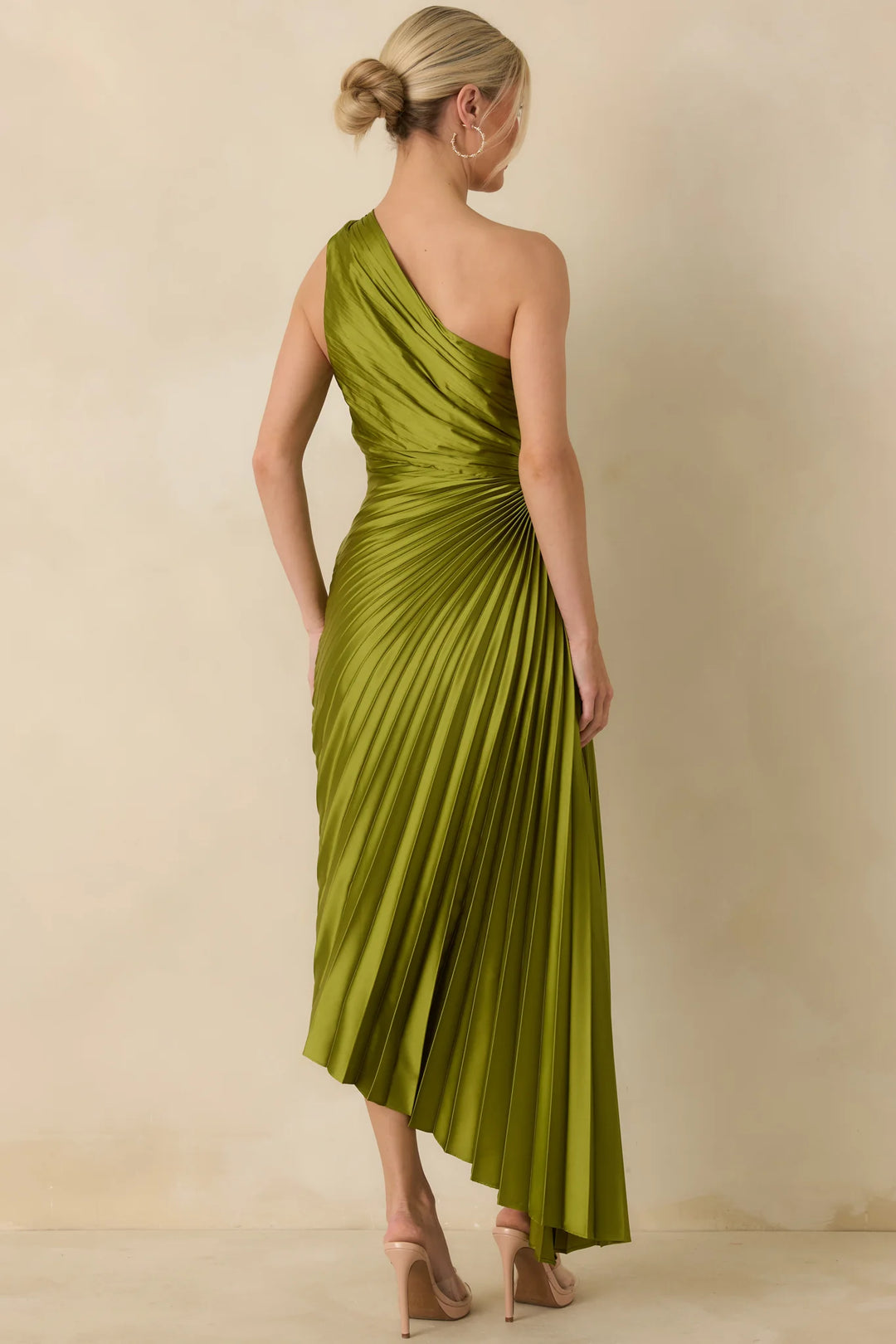 ONE SHOULDER PLEATED MAXI DRESS-OLIVE GREEN